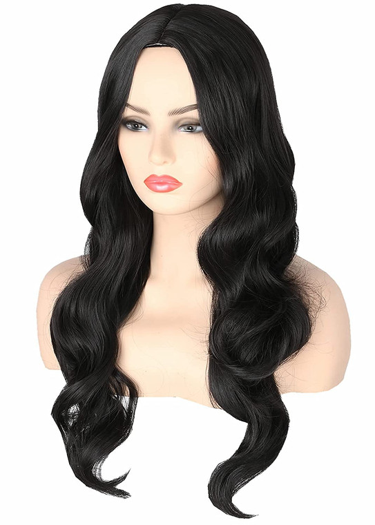 Topcosplay Black Wigs for Women Long Wavy Middle Part Full Wigs Halloween Cosplay Synthetic Wig