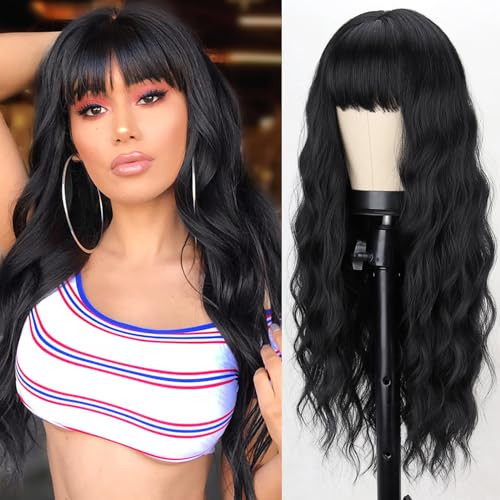 MERISIHAIR Long Black Wig with Bangs,26 Inches Synthetic Wavy Bang Black Wigs for Women, Women Long Curly Heat Resistant Black Hair Wig,Cosplay Selen