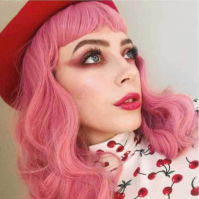 DIFEI Rockabilly Vintage Wig Audrey Hepbum Short Bang Wig Long Finger Wavy Wigs for Women (Pink)