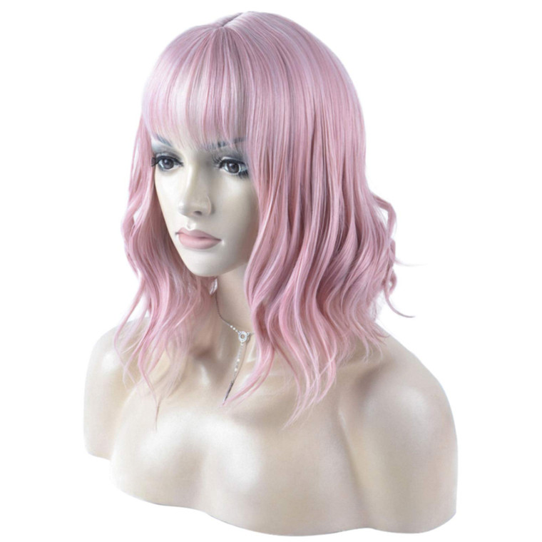 DAOTS 14 Inches Curly Wigs with Bangs for Women Girls Synthetic Wavy Hair Wig (Pink)
