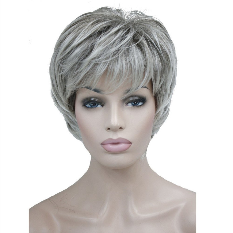 Aimole Short Layered Body Wave Wigs Synthetic Women's Wig Full Hair (48T Gray with Dark Root)