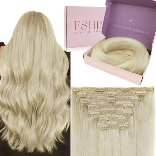 Fshine Clip in Hair Extensions Real Human Hair Straight Natural Remy Hair White Blonde 7Pcs 120g 16 Inch Hair Extensions Clip in Human Hair Lace Doub