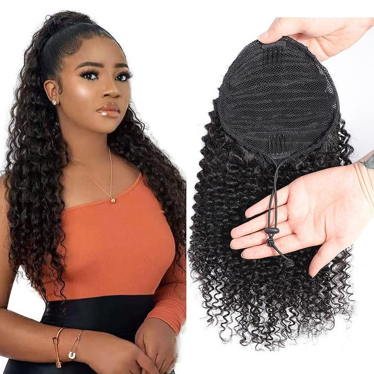 Kinky Curly Human Hair Ponytail with Wrap Drawstring 3C Brazilian Hair Natural Color Afro Kinky Curly Hair Piece Pony Wigs Clip-in Extensions (22", C