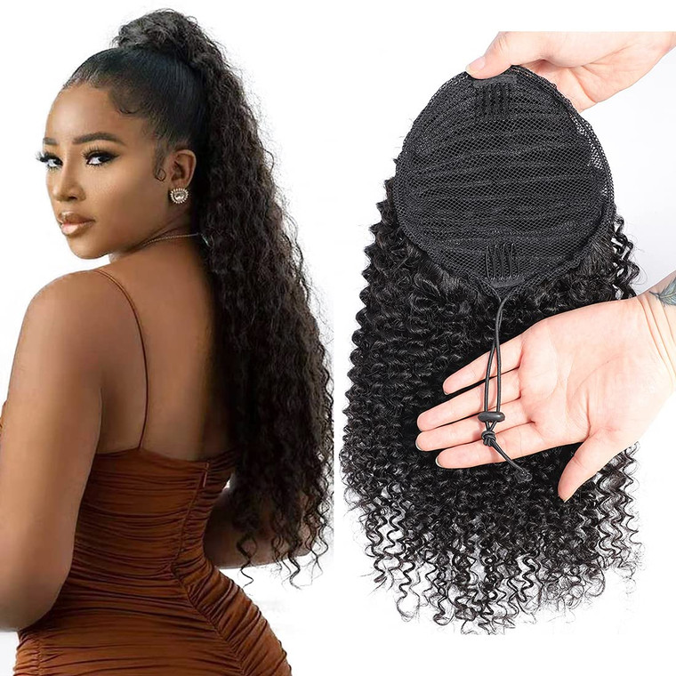 Curly Human Hair Ponytail with Wrap Drawstring 3C Brazilian Hair Weave Natural Color Afro Kinky Curly Hair Piece Clip-in Extensions Hair Pieces for W