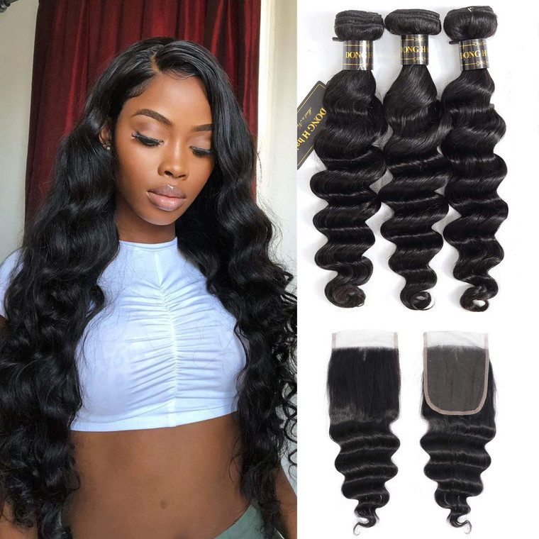 Peruvian Loose Deep Wave Bundles with Closure, (14"16''18"+12Closure)8A Peruvian Virgin Hair Loose Deep Hair Bundles with 4X4 Free Part Top French La