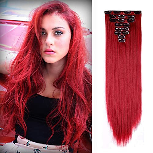 Benehair Clip in Hair Extensions 8PCS 23inch Long Straight Synthetic Hairpieces Dark Red Hair Extensions Double Weft Hairpieces for Women Full Head C
