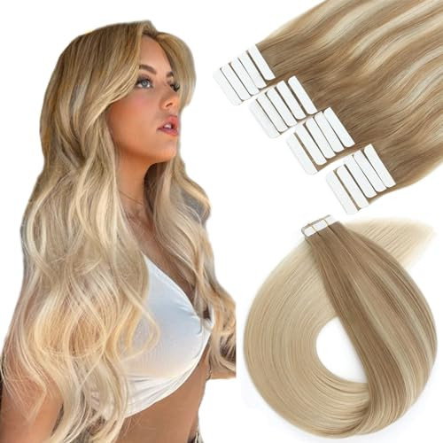 Lovrio Remy Human Hair Blonde Highlights Tape-in Extensions, Balayage Color Chestnut Brown Fading to Bleach Blonde, Real Remy Human Hair 50 Gram 18 I