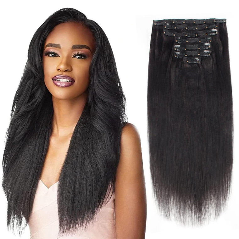 Lovrio 9A Yaki Straight Clip in Human Hair Extensions Double Weft Straight Clip in Hair Extensions Human Hair for Black Women 16 Inch Natural Black Y