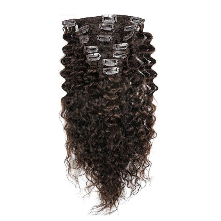 Deep Curly Deep Wave Brazilian Hair 100% Remy Human Hair Clip in Hair Extensions 16 inches (40cm) 80g 7pcs/set, Color #2 Dark Brown
