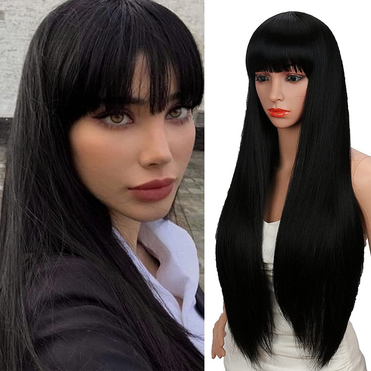 Kalyss 28 Inches Women's Silky Long Straight Black Wig Heat Resistant Synthetic Wig With Bangs Hair Wig for Women