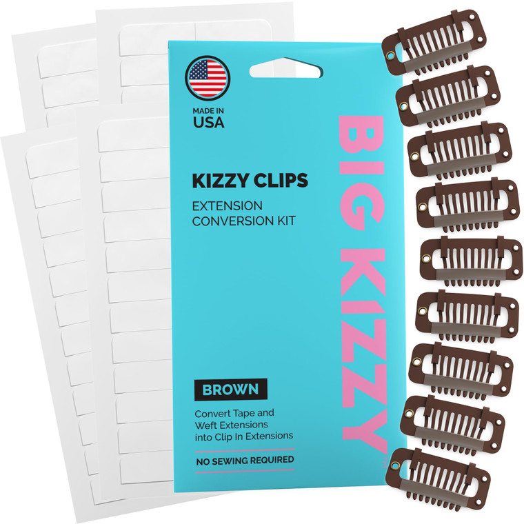 DIY Clip In Hair Extensions Kit - Convert Tape In Human Hair Extensions into Custom Clip in Set - Snap Clips, No Sewing Required - Kizzy Clips (Brown