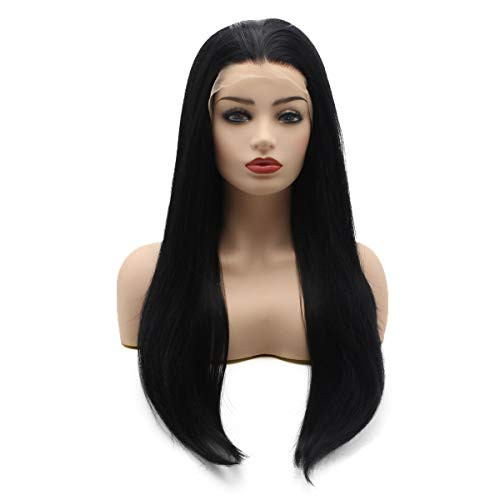 Meiyite Hair Straight Long 24inch Black Half Hand Tied Heat Resistant Synthetic Lace Front Wigs