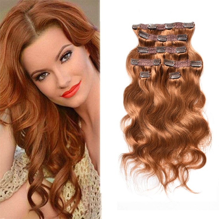viviaBella Copper Red Body Wave Clip in Hair Extensions 18" Human Hair Brazilian Virgin Hair Double Weft 7 Pcs/lot 120g/set 16 Clips (120g 18", Coppe