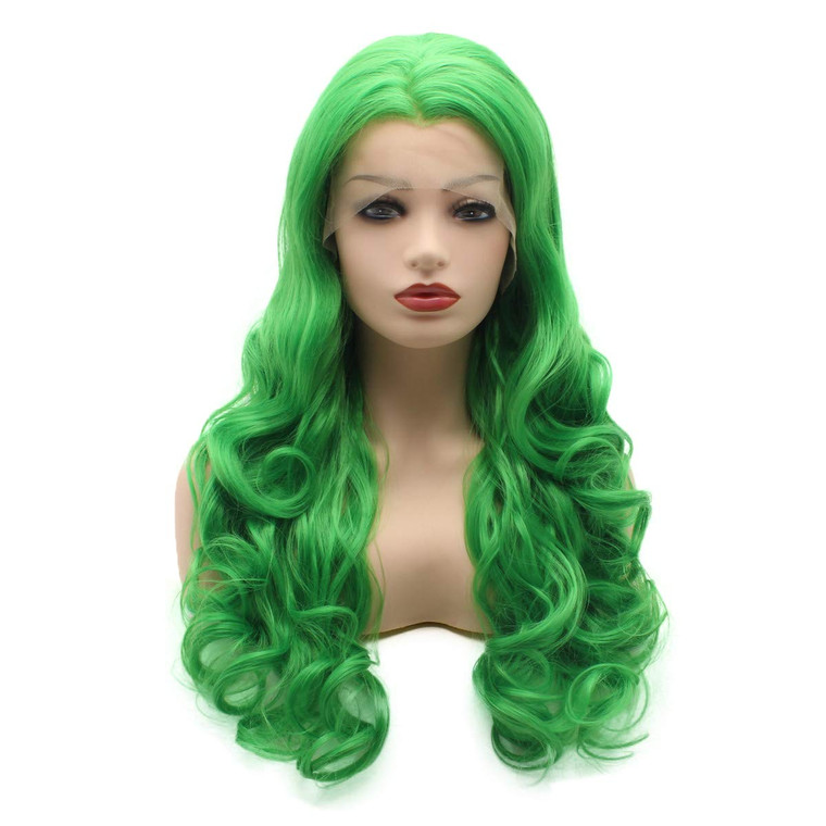 Meiyite Hair Wavy Long 26inch Green Heat Resistant Heavy Density Realistic Synthetic Lace Front Wigs