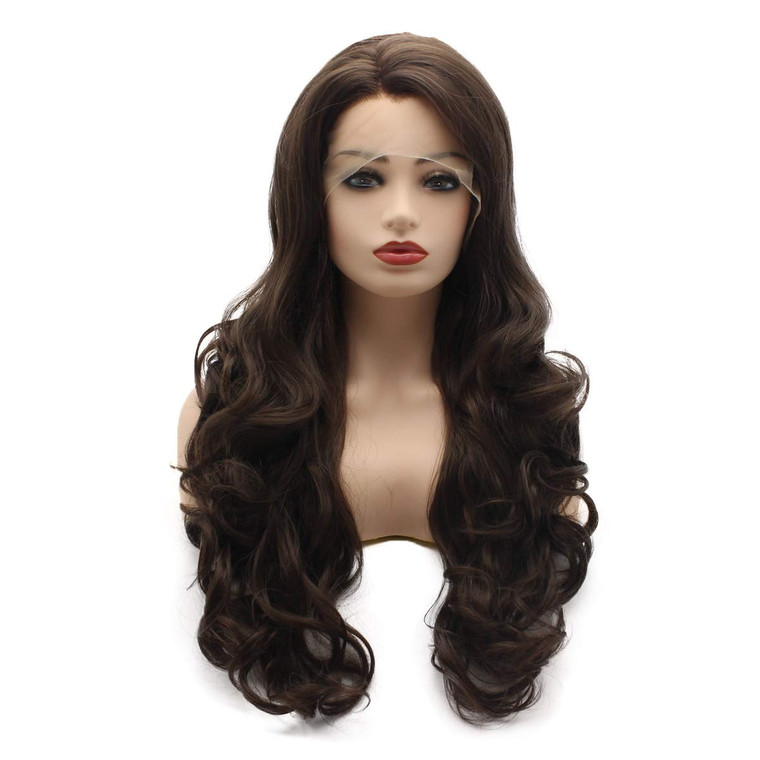 Meiyite Hair Wavy Long 26inch Two Tone Brown Mix Half Hand Tied Realistic Synthetic Lace Front Wigs