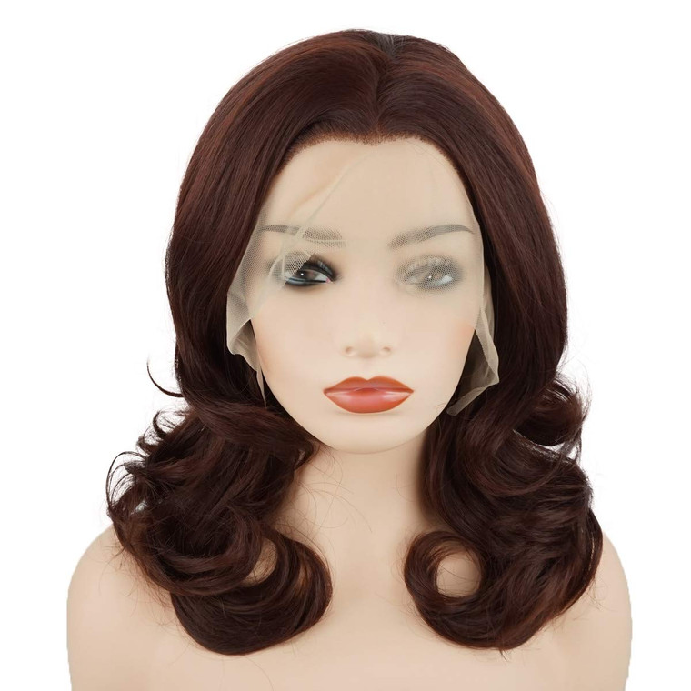 Meiyite Hair Wavy Shoulder Length 16inch Dark Brown Half Hand Tied Heavy Density Realistic Synthetic Lace Front Wig