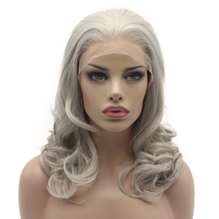 Lushy Medium Length 16inch Gray Wig Heat Resistant Heavy Density Realistic Synthetic Lace Front wig