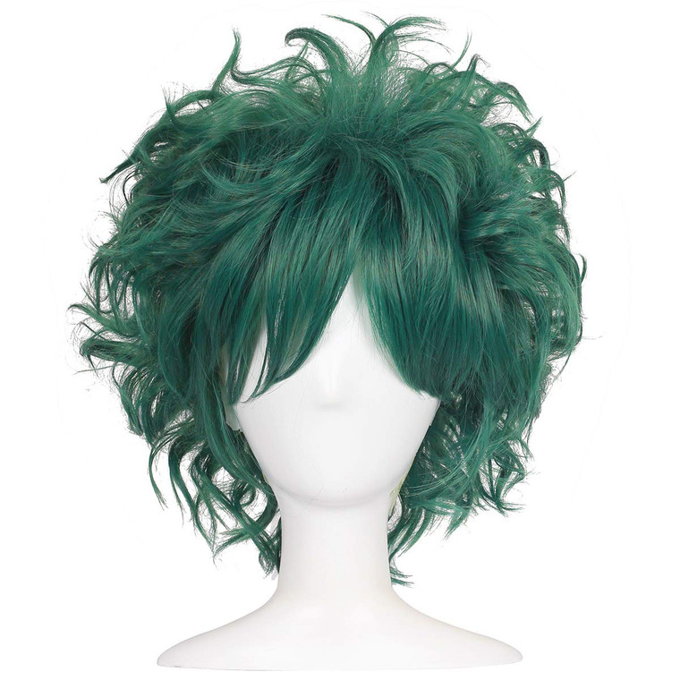 ColorGround All Green Short Curly Prestyled Natural Cosplay Wig for Men and Women (Dark Green)