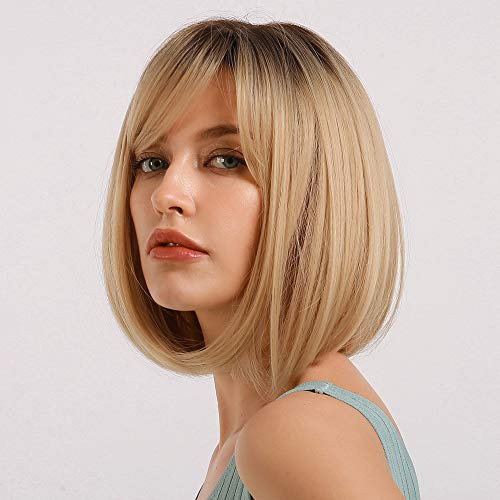HAIRCUBE Blonde Bob Wig with Bangs Short Bob Wigs for Women Short Blonde Wig with Dark Roots Heat Resistant Synthetic Wig Natural Looking for Daily U