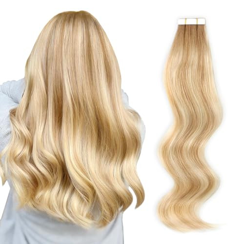 ABH AmazingBeauty Hair Semi-permanent Pre-taped Rooted Highlight Tape in Hair Extensions Human Hair, Real Remy Human Hair, Dark Dirty Blonde-Platinum
