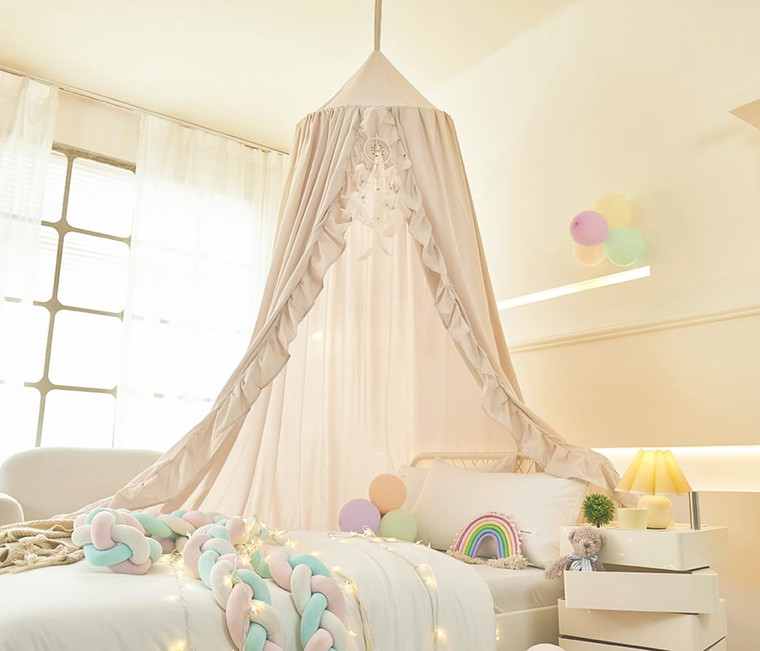 Mengersi Bed Canopy for Girls,Ruffled Canopy Bed Curtains Kids Canopy for Girls Room,Hanging Canopy Princess Play Tent for Reading Nook Play Room Dec