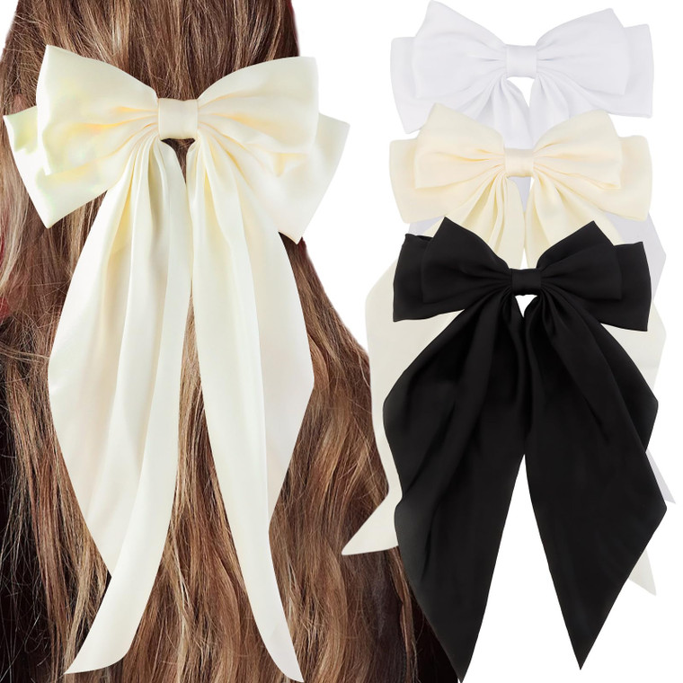 Satin Hair Accessories Set: Silky Bows, Ribbons, Hair Ties, Large Barrettes, Cute Clips with Long Tail for Women and Girls (White, Beige, Black)