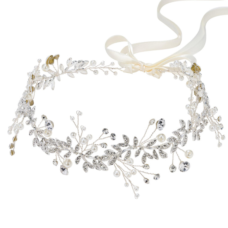 SWEETV Crystal Bridal Headpiece Silver Wedding Headband for Brides Pearl Hair Vine Rhinestone Hair Accessories for Women