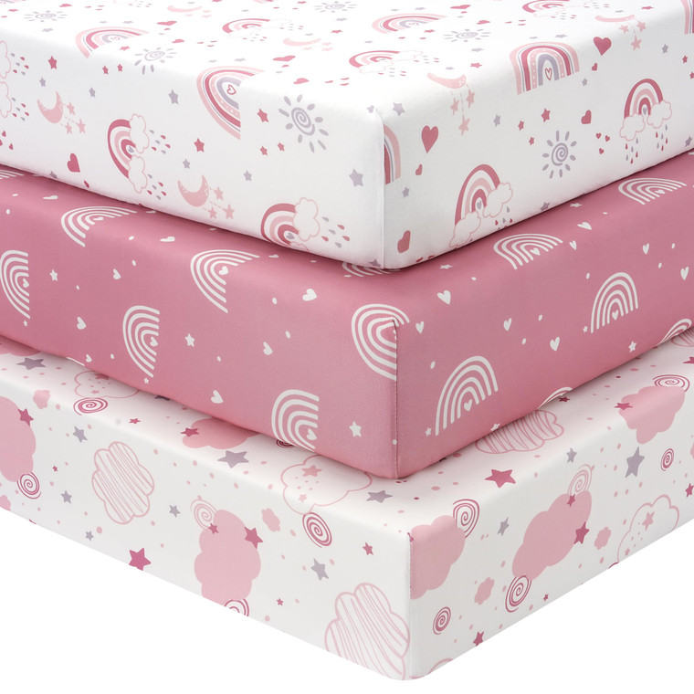 FIEMOL Baby Crib Sheets Girl, 3 Pack Toddler Bed Sheets Fitted for 52x28 Standard Crib and Toddler Mattresses, Super Soft Microfiber Pink Rainbow