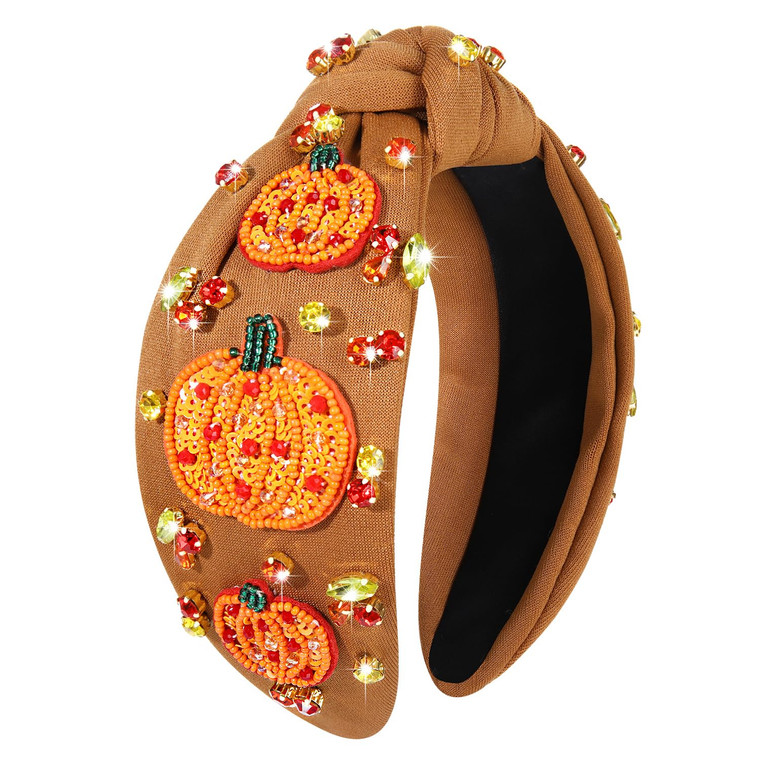 NVENF Thanksgiving Headband for Women Beaded Turkey Fall Headband Accessories Jeweled Pearl Rhinestone Knotted Hairband Autumn Fall Thanksgiving Hair