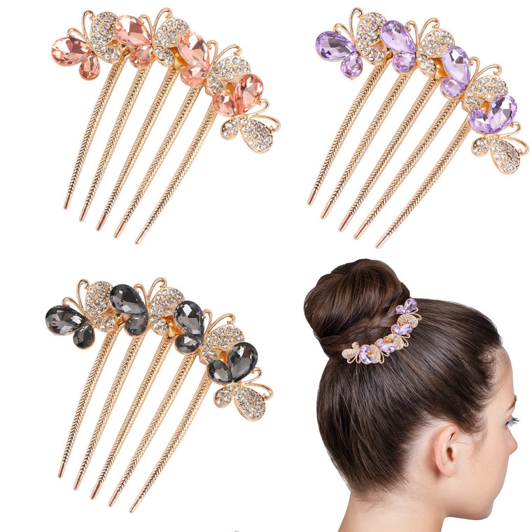 3 Pcs Rhinestones Hair Side Combs with Crystals Butterfly Fork Clip for Updo Bun, Decorative Vintage Hair Styling Pins for French Twist