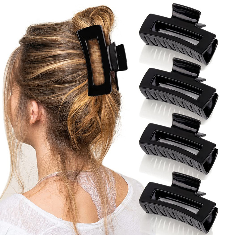 Canitor 4 PCS 4.1 Inch Black Hair Clips - Acrylic Rectangular Women's Barrettes, Jaw Clips for Thick and Thin Hair, Non-slip
