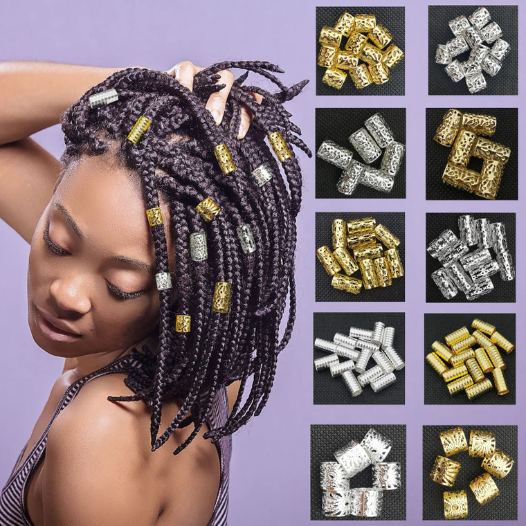 100 PCS Gold Hair Cuffs Hair Beads for Girls Silver Hair Jewelry for Braids Accessories, Flosius Hair Charms for Braids Dreadlock Accessories Loc Jew