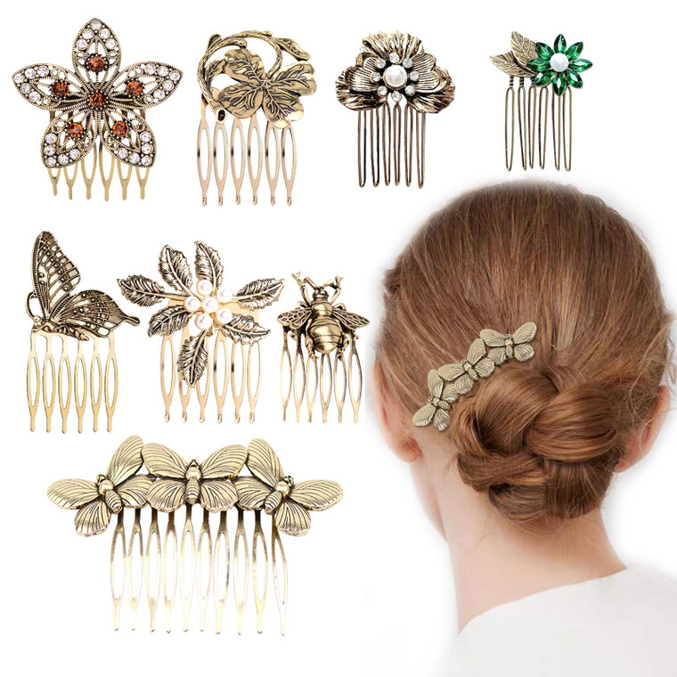 8 Pack Vintage Hair Side Combs for Women Decorative, INLAZYTIM Retro Gold Pearl Rhinestone Metal Hair Comb Clips with Teeth Grip Crystal Bridal Hair