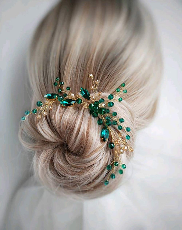Denifery Bridal Hair Pin Emerald Gold Hair Piece Emerald Hair Clip Green Hairpin Headpiece Wedding Hair Accessories