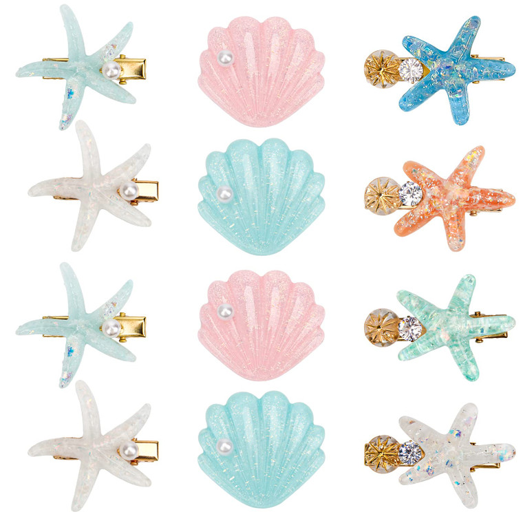 12 Pieces Shell Pearl Starfish Hair Clip Set, Catcan Seashell Hair Clips Starfish Alligator Clips for Women Headwear Styling Tools Accessories (class