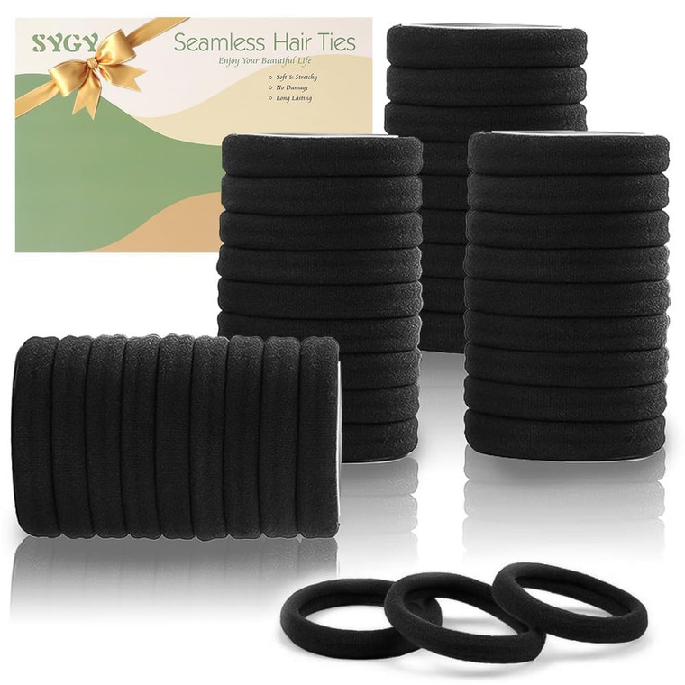 100PCS Black Hair Ties for Women, Seamless Cotton Hair Bands, No Crease No Damage Hair Tie for Thick Thin Hair, Soft Ponytail Holders Hair Accessorie