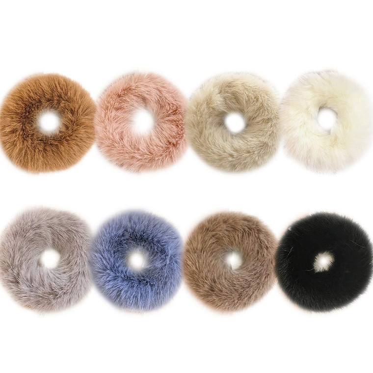DINPREY 8 Pack Teddy Faux Fur Hair Scrunchies, Rabbit Fluffy Maomao Hair Bands for Women Girl kid's (8 PCS, Artificial Rabbit Fur)