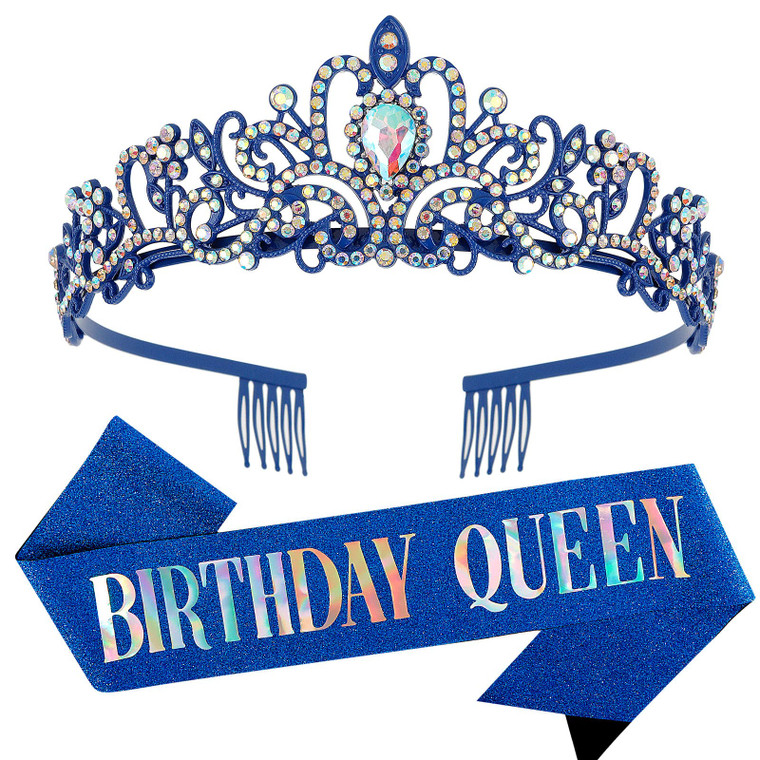 "Birthday Queen" Sash and Crystal Tiara Set Tiara and Crowns for Women COCIDE Birthday Gift for Girl Kit Decorations Set Rhinestone Hair Accessories
