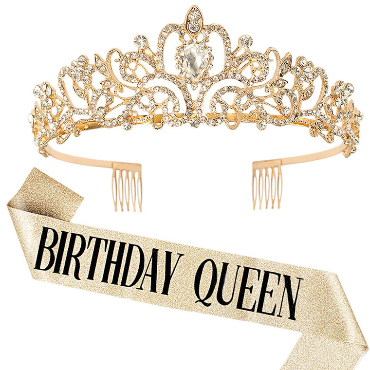 COCIDE Birthday Queen Sash & Rhinestone Tiara Set Gold Happy Birthday Crowns for Women Party Decoration Kit Rhinestone Headband for Women Glitter Cry
