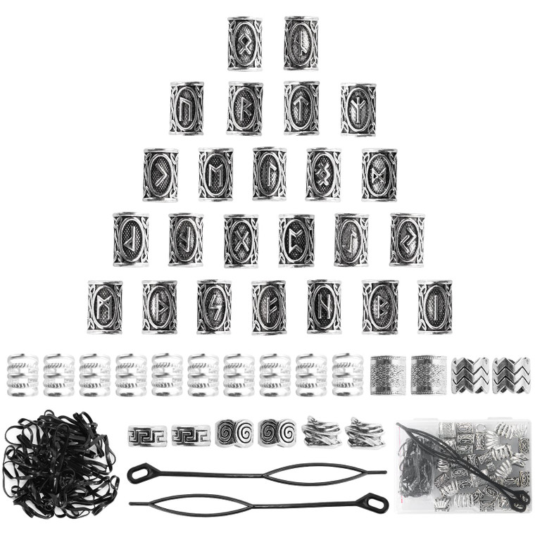 76PCS Vikings Hair Jewelry Norse Runes Tube Beads, Metal Clips Cuffs Rings, Accessories for Braids Dreadlocks Beads for Braiding Beard Decoration Bra