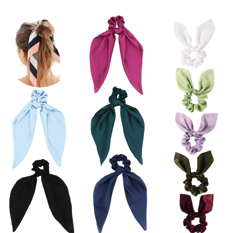 Silk Satin Hair Accessories Set - 5 Ribbon Bow Scrunchies for Ponytail Holders and 5 Solid Color Hair Scarves (10 Pieces)