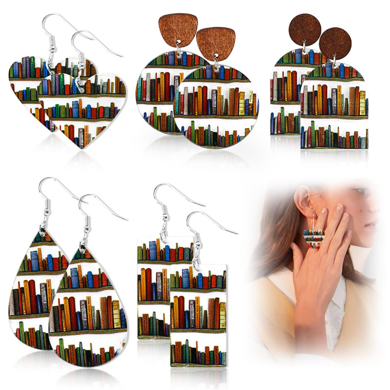 5Pairs Accessories 5 Pair Book Earrings for Women Cat Book Funny Bookshelf Earrings Acrylic Dangle Earrings Jewelry Gifts for Teacher's Day Back to S