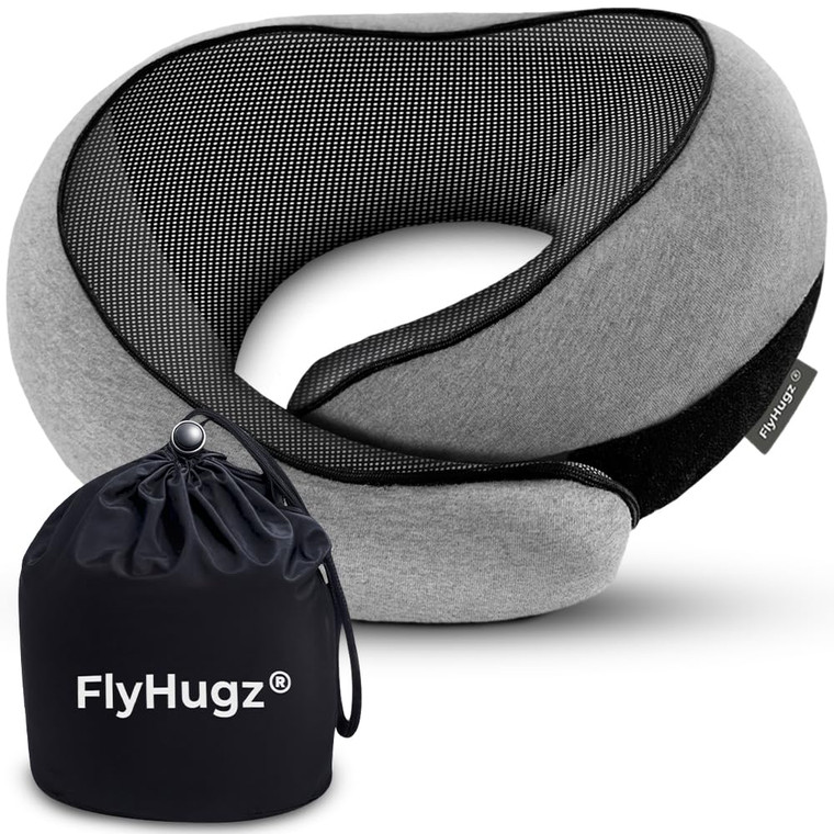 FlyHugz® Neck Travel Pillow | Memory Foam Neck Pillow for Comfort on Airplane | Compact and Ergonomic Design for Travel, Car Rides, and Home Use | Id