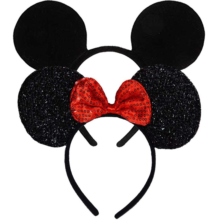 FANYITY Mouse Ears Headbands Sequin Hair Band for Girls Women Boys Party, 2 Pieces (RED&BLACK)
