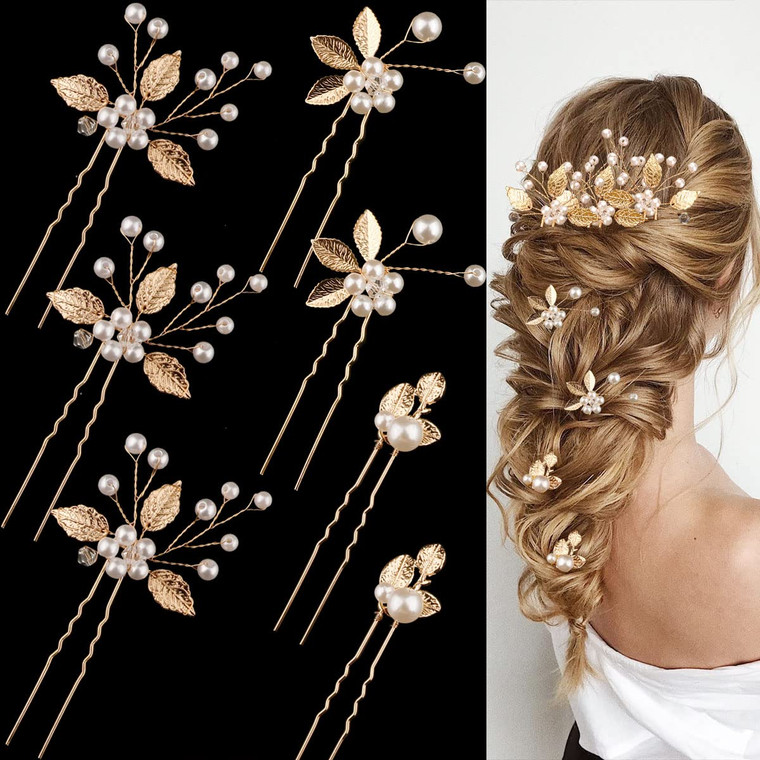 7 Pieces Gold Leaf Pearl Hair Pins with Flower Headpiece - Vintage Styling Accessories for Brides, Bridesmaids, and Girls