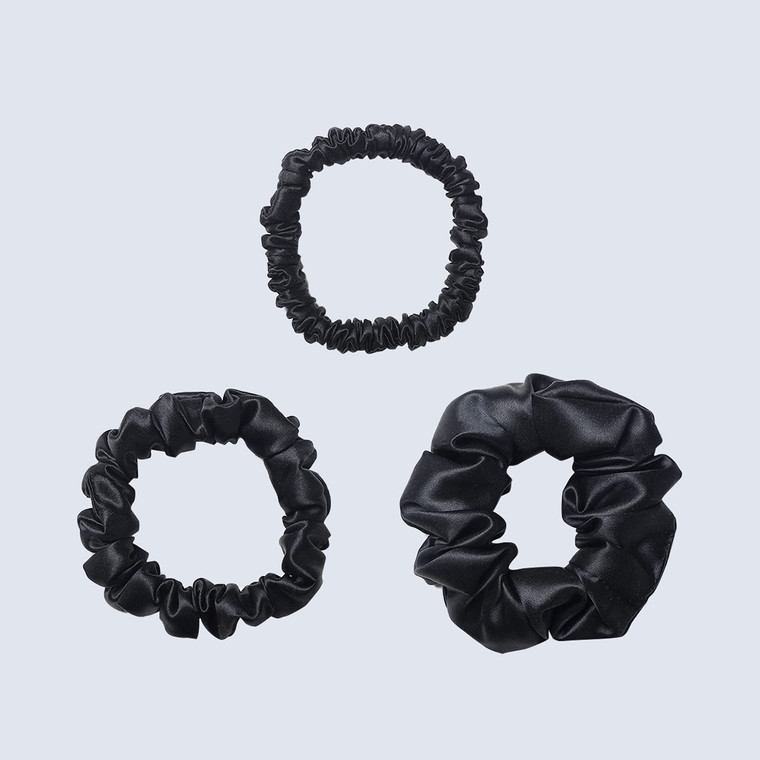 ZIMASILK 100% Mulberry Silk Hair Scrunchies  19 Momme Elastic Silk Hair Ties for Women & Girls, Gentle No-Tug (3 Sizes, Black)