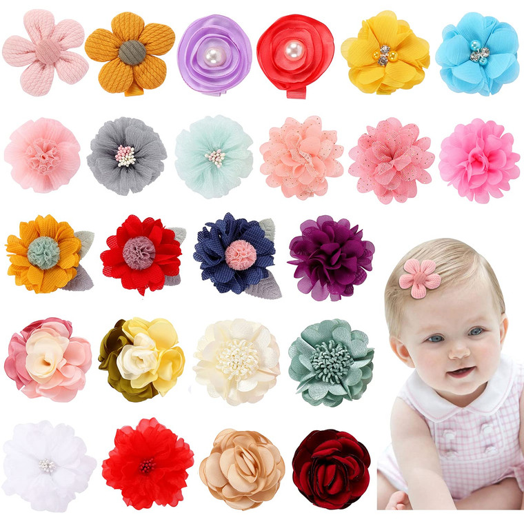 Cinaci 24 Pack Colorful Chiffon Rose Daisy Flower Hair Bows Fully Lined Alligator Hair Clips Handmade Soft Floral Small Hair Barrette Hair Pin Access