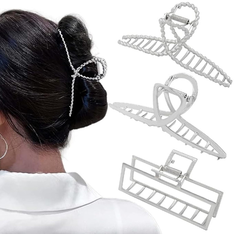 3pcs Hair Claw clips for Women, Metal Silver Large Hair clips for Thick Thin Hair, Geometric Cross Square Jumbo Catch Barrette Clamps, Fashion Hair A