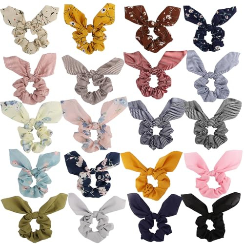 AOPRIE Chiffon Hair Bunny Ear Scrunchies with Bow - 20Pcs Elegant Hair Elastics, Ponytail Holders & Soft Hair Bands