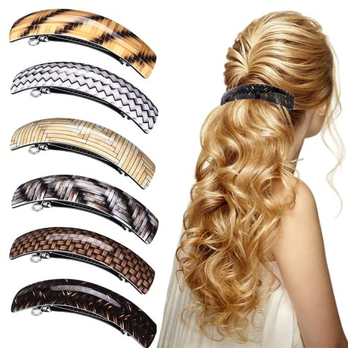 6 Pieces Large Vintage Striped Acrylic Automatic Hair Barrettes and Clasps for Women, Girls, and Thick Hair, 6 Colors